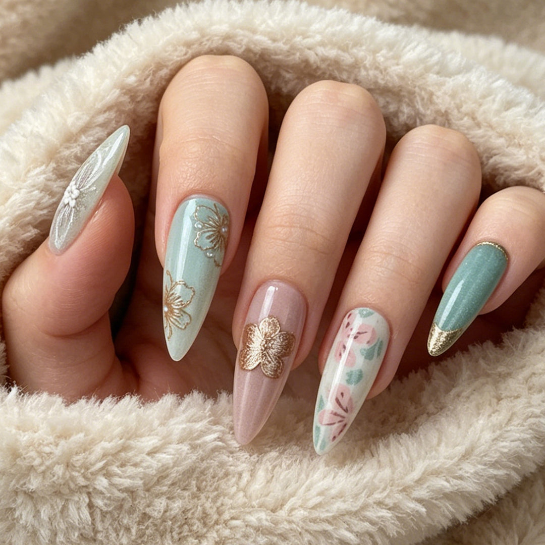 Künstlerisches Floral Stiletto Press-On Nagelset Karnz