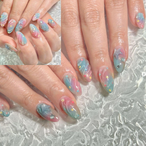 Künstlerisches Press-On-Nagelset mit Stern- und Wellenmuster Karnz