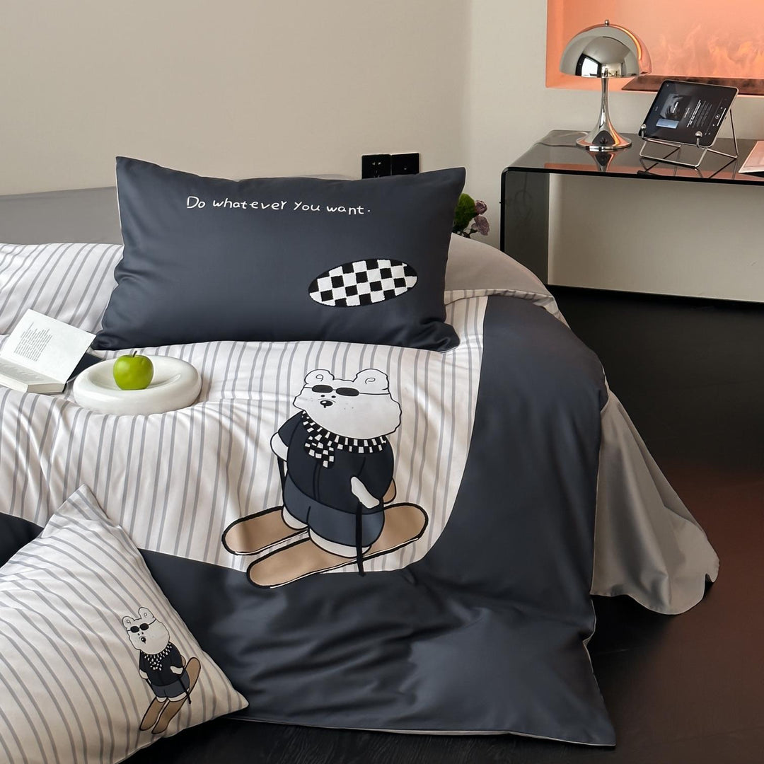 Bettwäsche-Garnitur aus Baumwollsatin mit Teddybär- und Frühstücks-Print