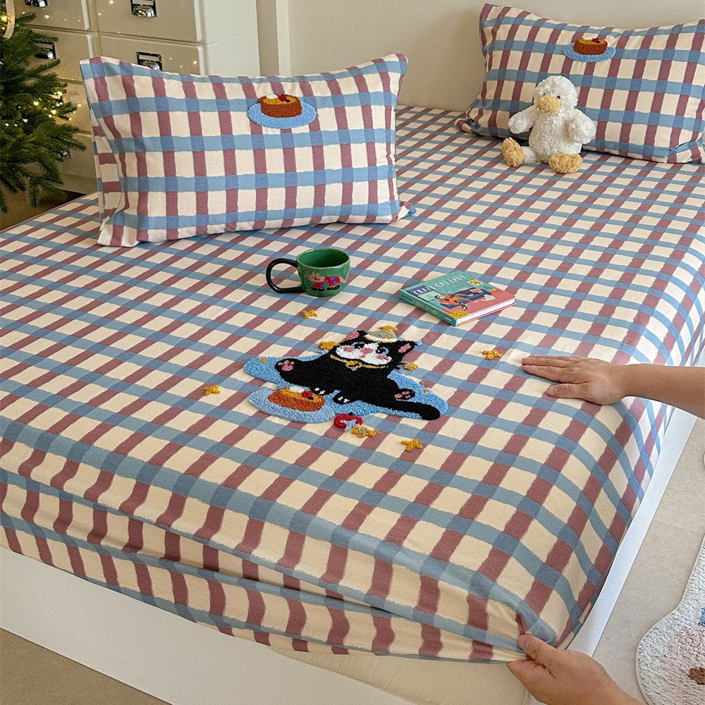 Gingham-Check-Baumwoll-Spannbettlaken und Kissenbezug Bettwaren-Set mit gesticktem Teddy