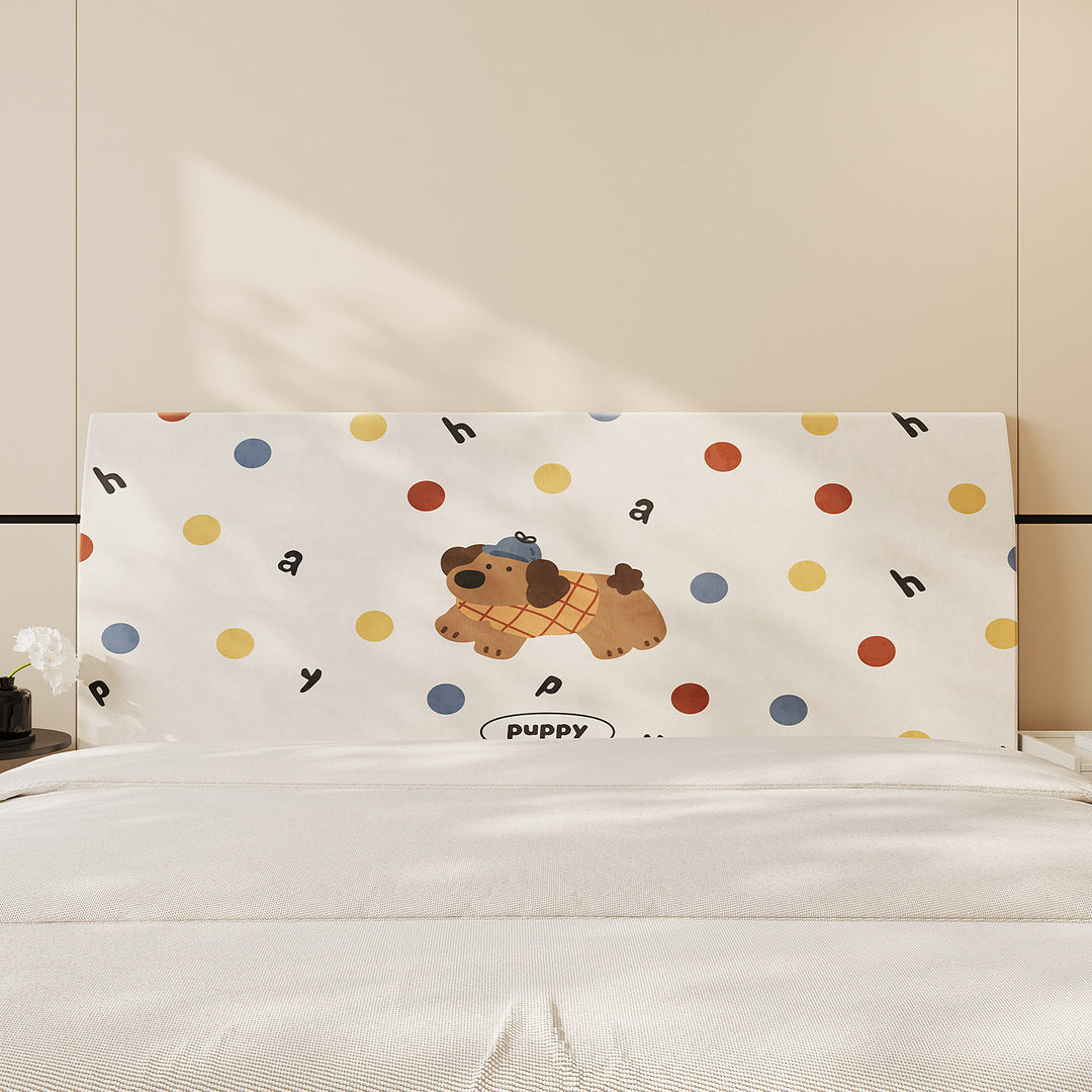 Decorative Headboard Cover Slipcover with Printed Puppy Motif and Polka Dot Microfiber Fabric