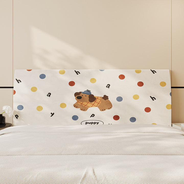 Decorative Headboard Cover Slipcover with Printed Puppy Motif and Polka Dot Microfiber Fabric