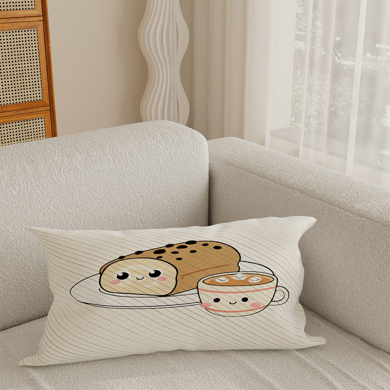 Cotton-Linen Kawaii Breakfast Bread and Coffee Illustrated Decorative Throw Pillow Cover