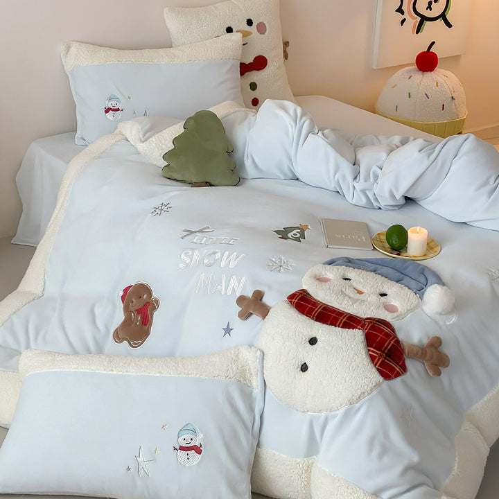 Kindermantel Sherpa-Besatz bestickte Schneemann Bettwäsche Set mit Kissenbezügen