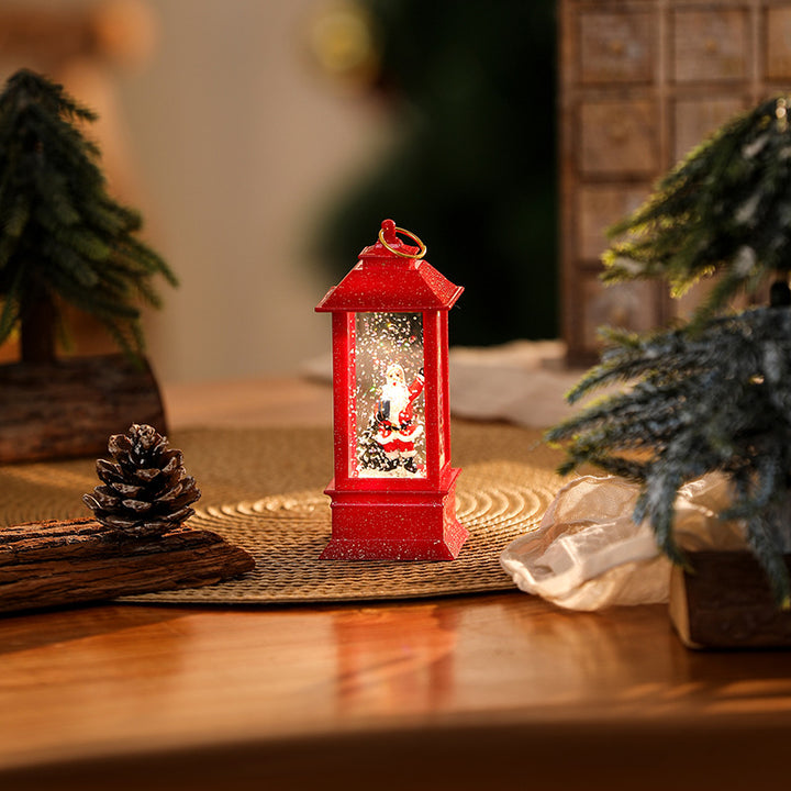 Beleuchtete Weihnachtslaterne mit glitzerndem Schneemann-Szenario Karnz