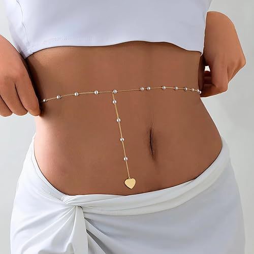 Elegante Perlen- und Herzanhänger-Bauchkette Karnz
