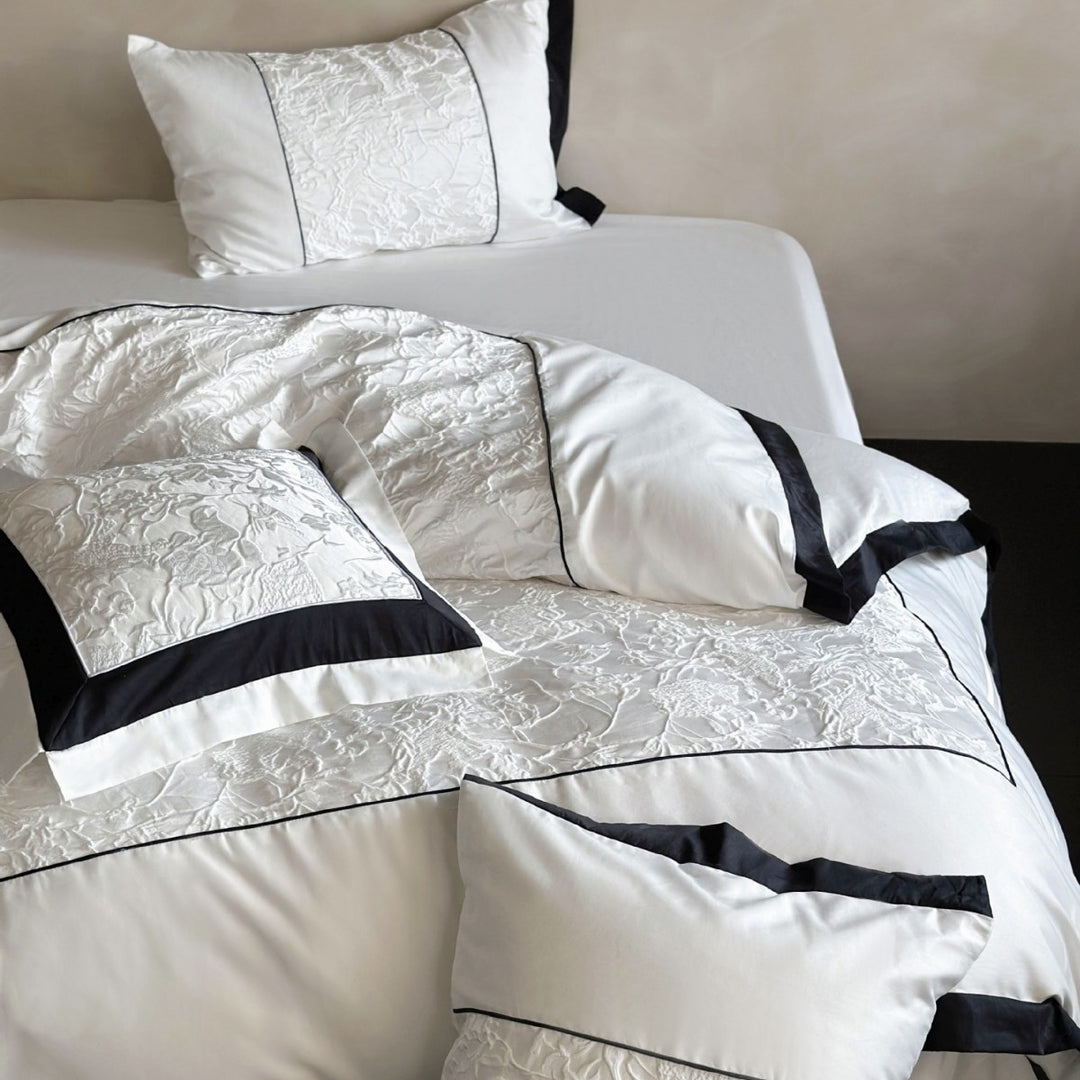 Cotton Sateen Textured-Panel Duvet Cover Set with Piped Border & Accent Cushion