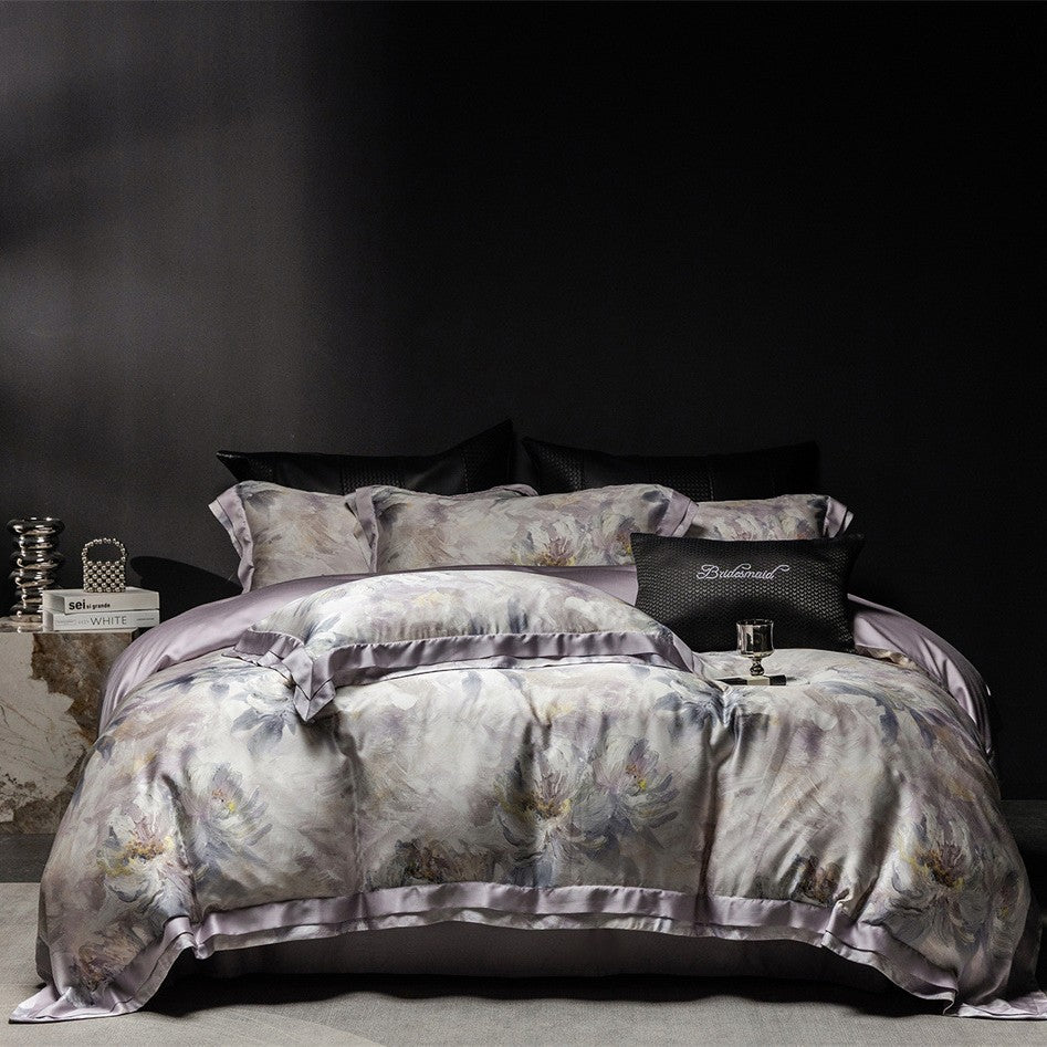 Luxuriöses Satin-Bettwäsche-Set mit floraler Aquarelloptik und Satinbordüre
