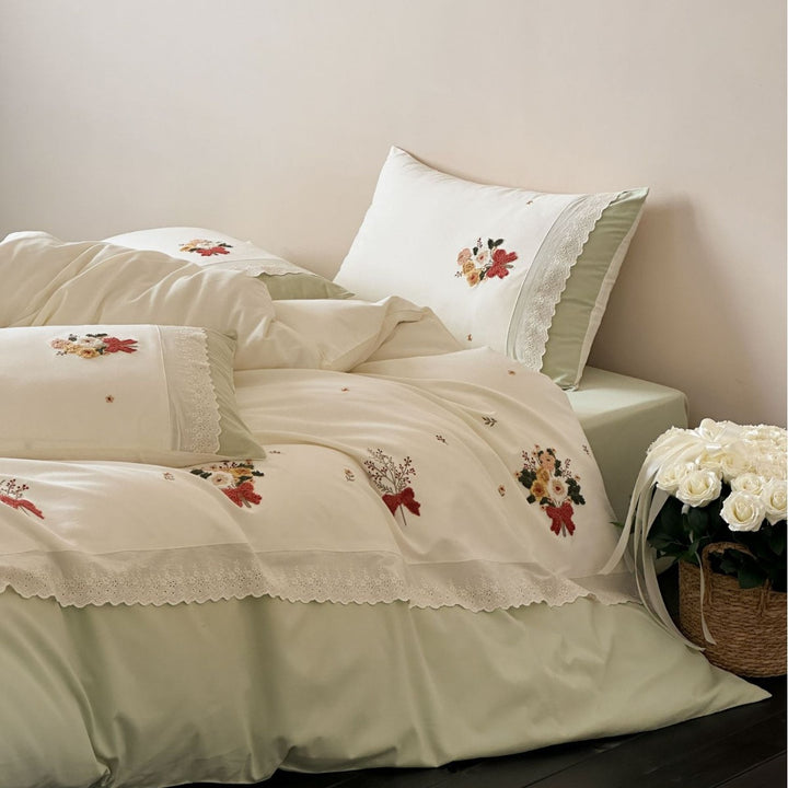 Bestickte Blumen Spitze Baumwolle Bettbezug Set