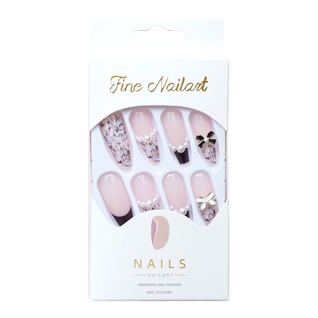 Dekoratives Press-On-Nagel-Set mit Perlen- und Schleifendesigns