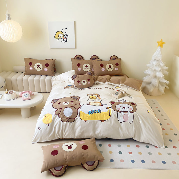 Kinder Cartoon Katze Baumwollsatin Bettbezug Set mit ohrförmigen Kissenbezügen und plüschigem Akzentkissen