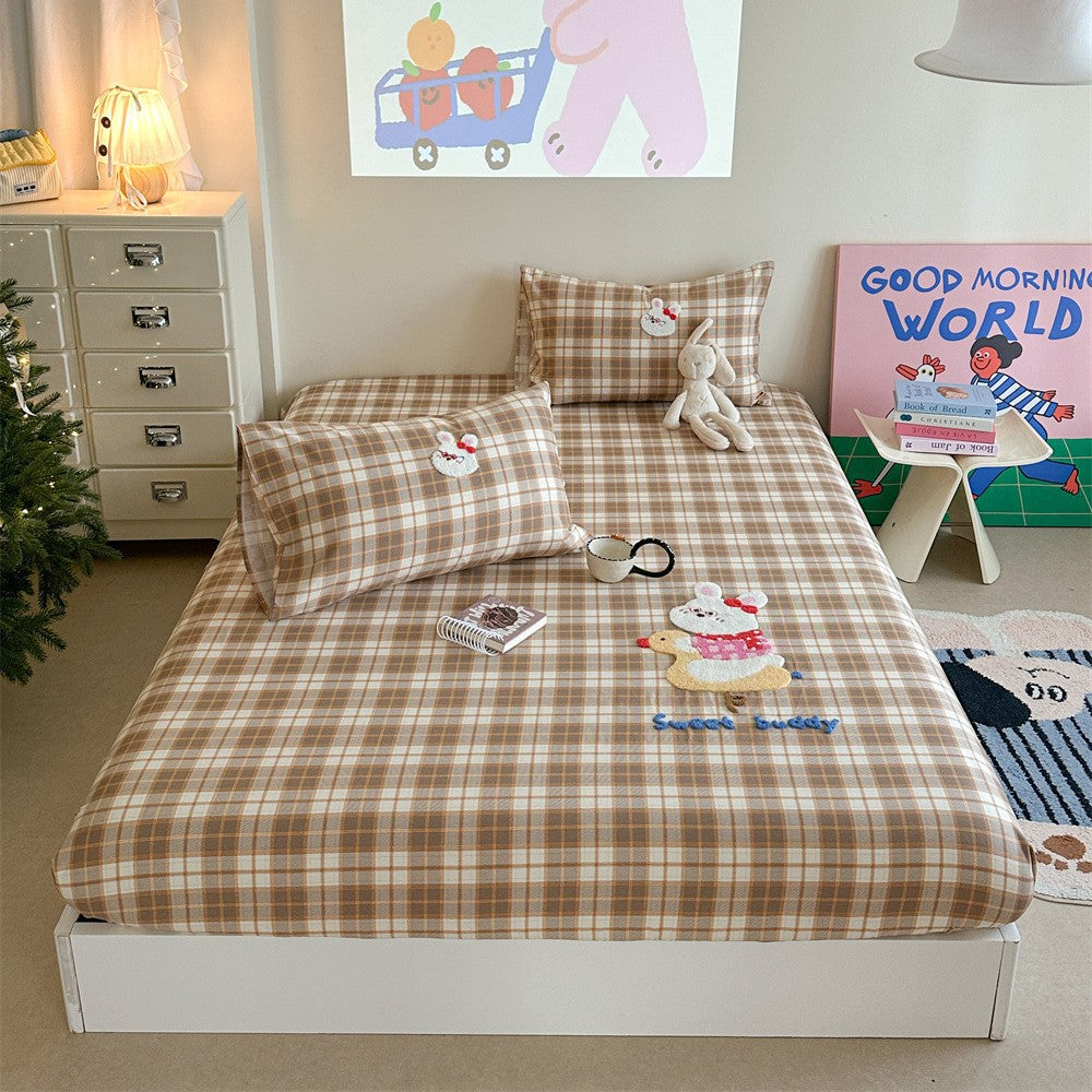 Gingham-Check-Baumwoll-Spannbettlaken und Kissenbezug Bettwaren-Set mit gesticktem Teddy