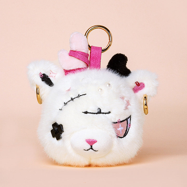 Faux-Fur Bunny Charm Schlüsselanhänger mit gesticktem Patchwork-Gesicht und goldenem Metallring Karnz