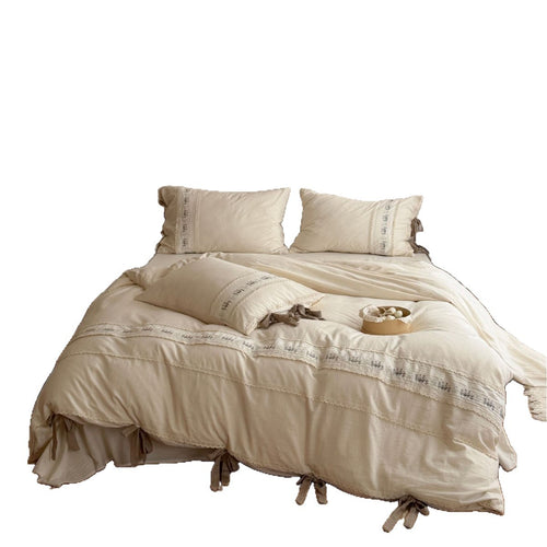 Bestickte Baumwoll-Bettbezug-Sets mit Ripsband-Bettfolie und Spitzenbesatz