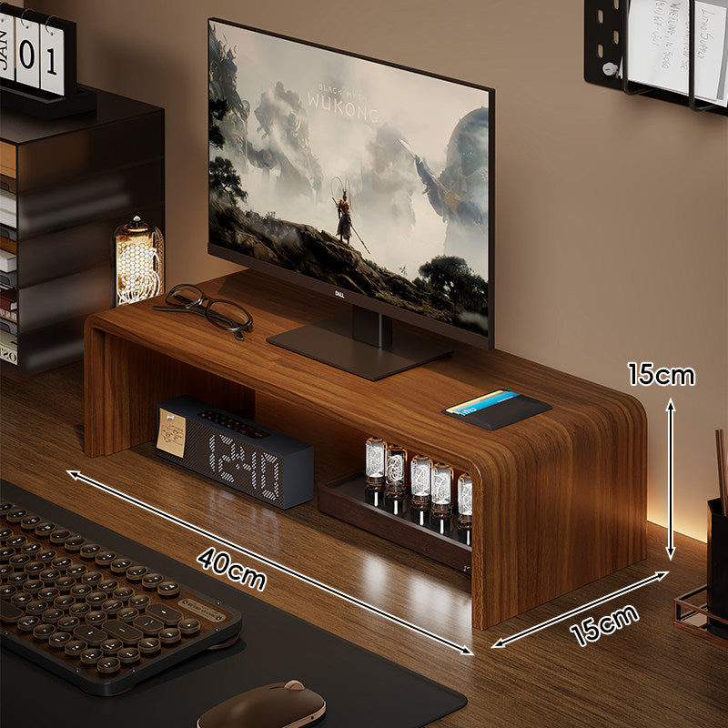 Niedrigprofilierte gebogene Desktop-Monitor-Plattform mit integriertem Unterregal-Organizer und ambienter Hintergrundbeleuchtung
