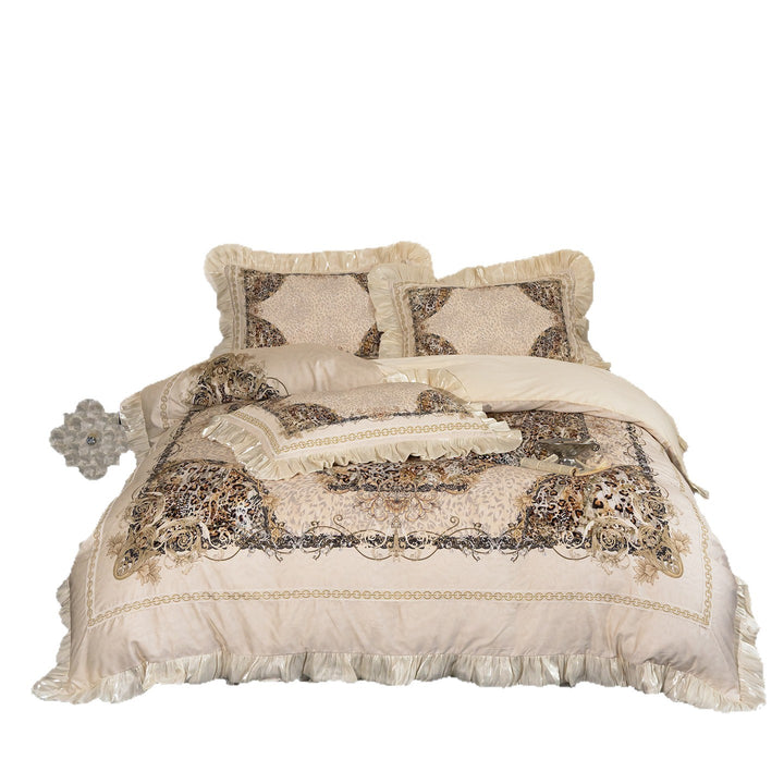 Luxuriöses Rüschensatin-besetztes Barock-Leopardenprint-Bettwäsche-Set