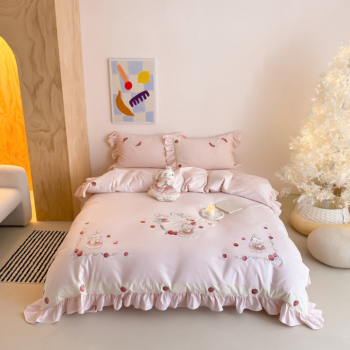 Rüschengesticktes Bunny Baumwollsatin Bettbezug Set mit Kissenbezügen