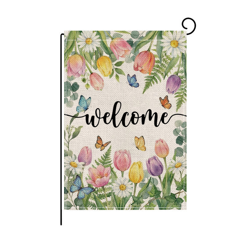 Aquarell Floral Willkommen Gartenflagge Doppelseitige Jute-Textur Outdoor Dekorative Gartenbanner