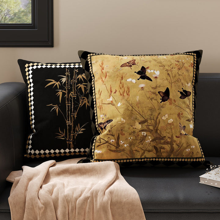 Botanical Sketch Velvet Square Throw Pillow Cover with Zebra-Trim Hidden Zipper