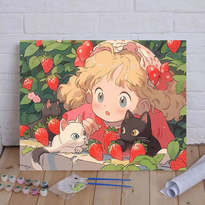 Cartoon Cat und Mädchen Themenleinwand Malset nach Zahlen Karnz