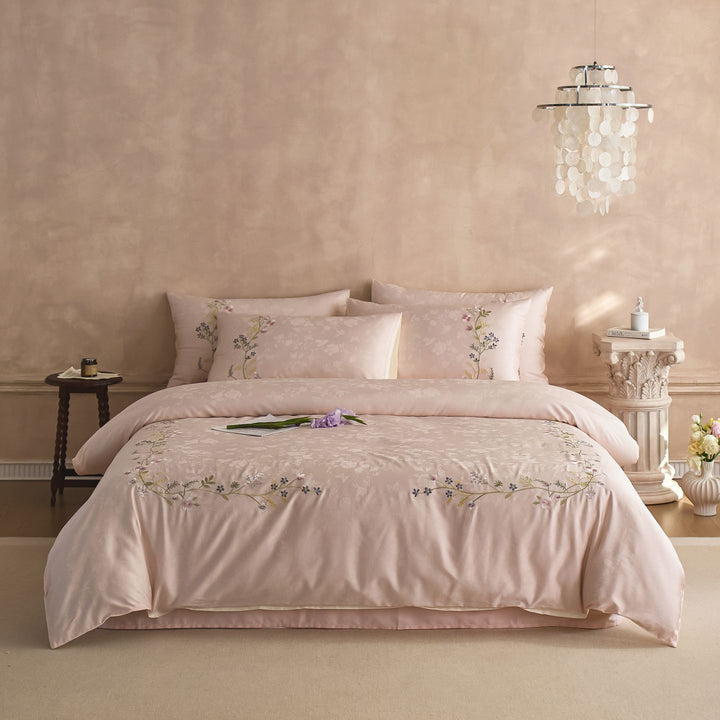 Satin-Bettbezug-Set mit feiner Blumenstickerei und Jacquardstruktur