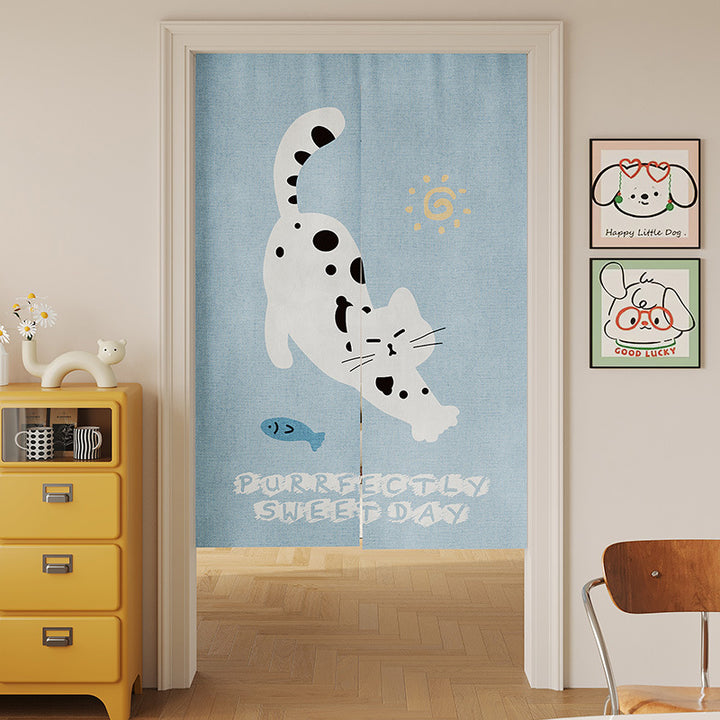 Split Noren Doorway Curtain with Cat-on-Sofa Illustration and Playful Yarn Motif