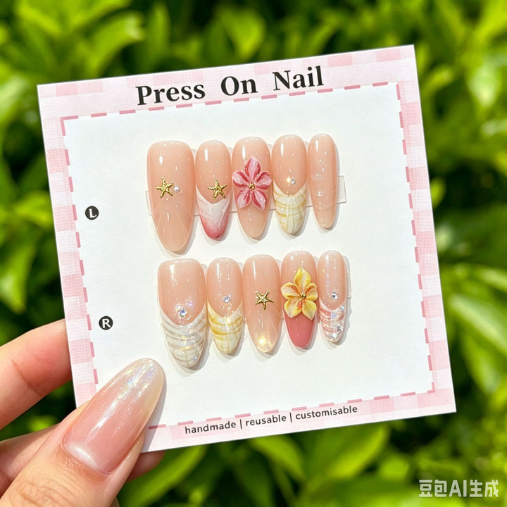 Künstlerisches Press-On Nägel Set mit tropischen und floralen Akzenten