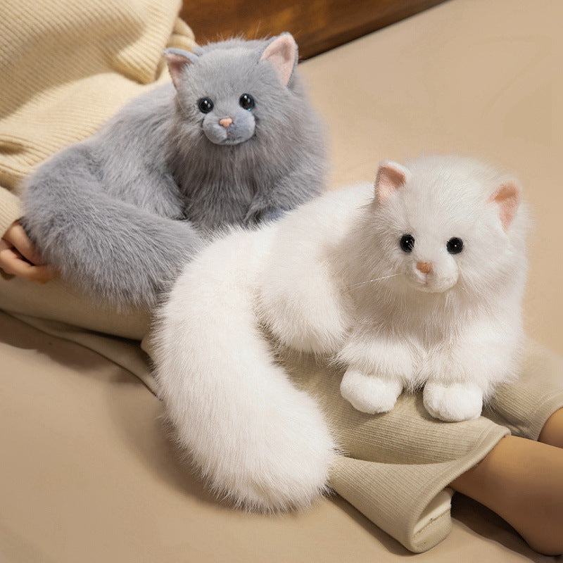 Realistische langhaarige Plüschkatze Dekoratives Kuscheltier mit übergroßem flauschigem Schwanz Karnz
