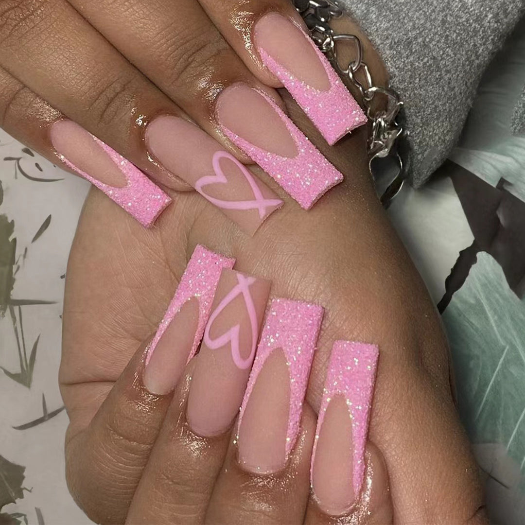 Glitzerndes Herz-Design Lange Press-On Nägel Karnz