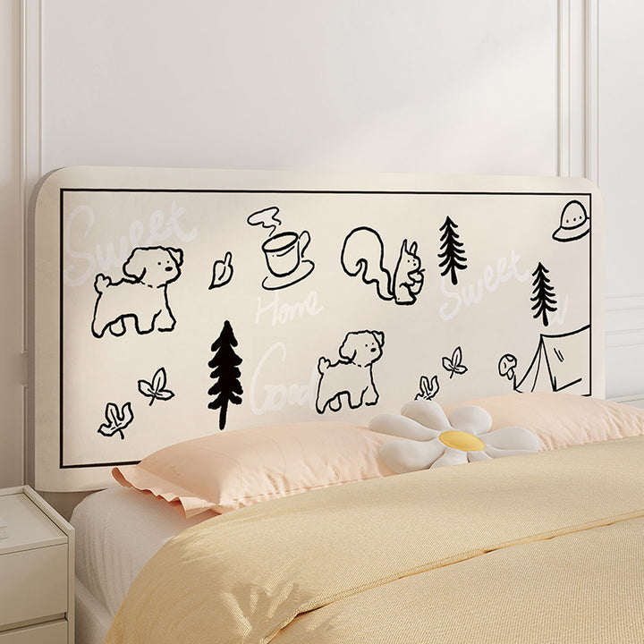 Decorative Upholstered Headboard Cover with Hand-Drawn Tulip & Bunny Print