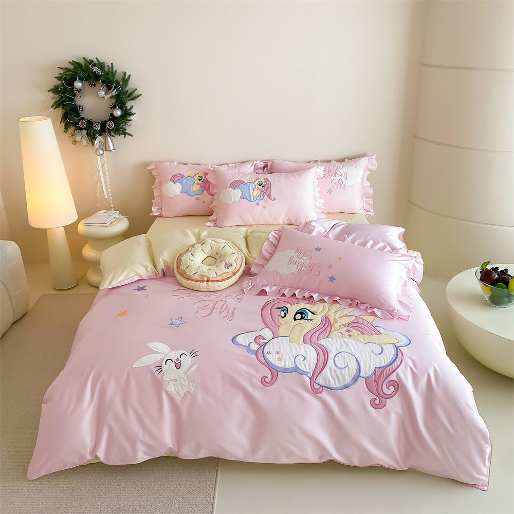 Cartoon Pony Rüsch Satin Bettbezugs Set