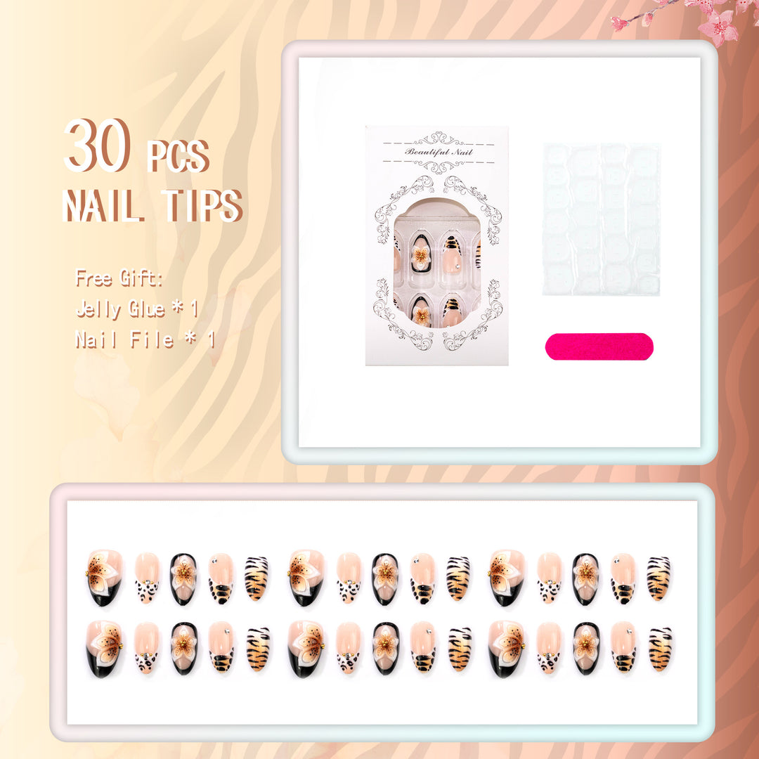 Künstlerisches Press-On-Nagelset mit floralem und tierischen Druckdesigns