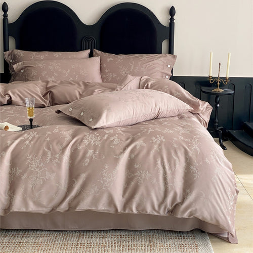 Satin-Mischgewebe Jacquard Floral Bettbezug Set mit Knopfverschluss Kissenbezügen