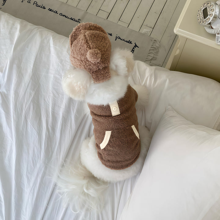 Sherpa-Fleece-Hundesitzweste mit abnehmbarem Pompon-Hut und Knopf-Tasche