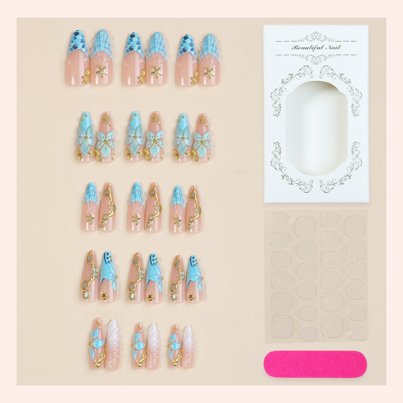 Premium Künstlerische Press-On Nail Set mit Dekorativen von Ozean Inspirierten Designs Karnz