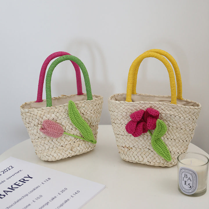 Damen Verspielte Korbtasche mit Blumenapplikation Karnz