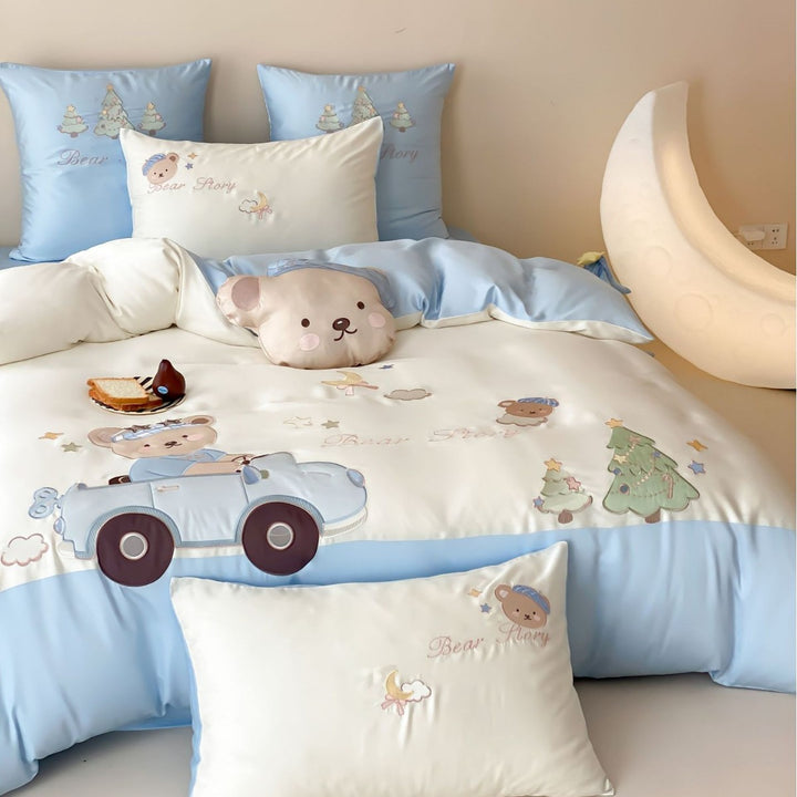 Kinder-Bettwäsche-Set aus Baumwollsatin mit applizierten Bären- und Auto-Motiven