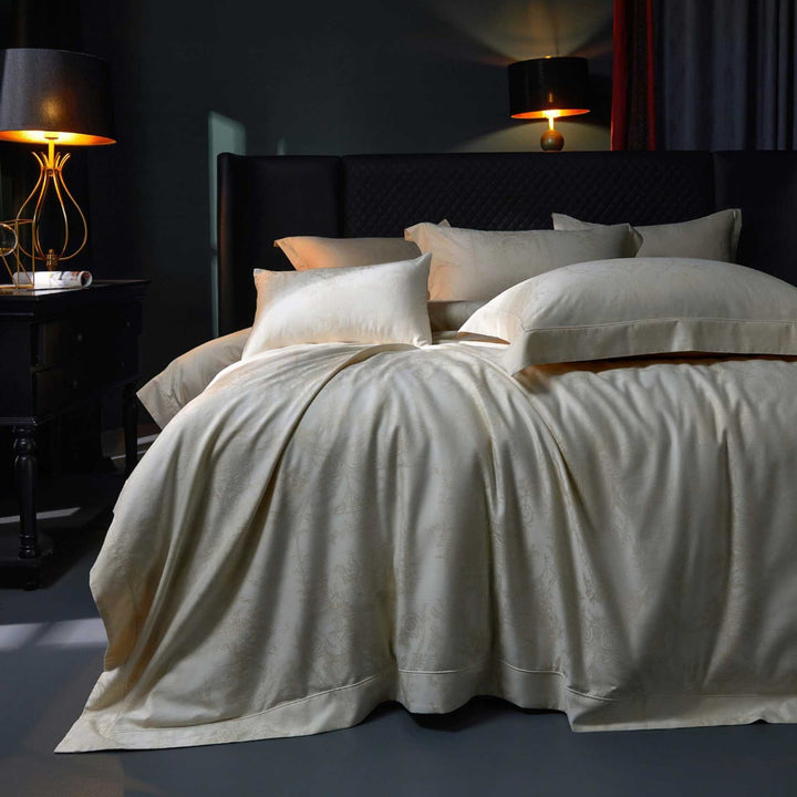 Fein gewebtes Jacquard-Bettwäsche-Set mit Ton-in-Ton Ornamentik und Umschlagkante