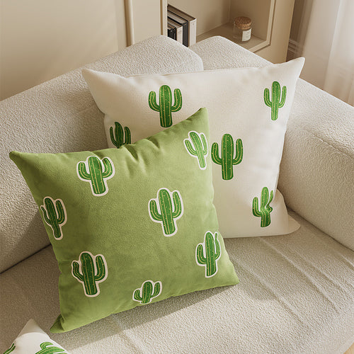 Decorative Square Cotton-Linen Throw Pillow Cover with Cactus Motif and Hidden Zipper