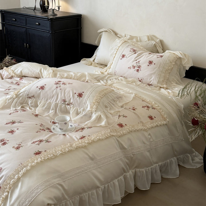 Vintage-Rosen-Druck Rüschensatin Steppbettbezug Ensemble
