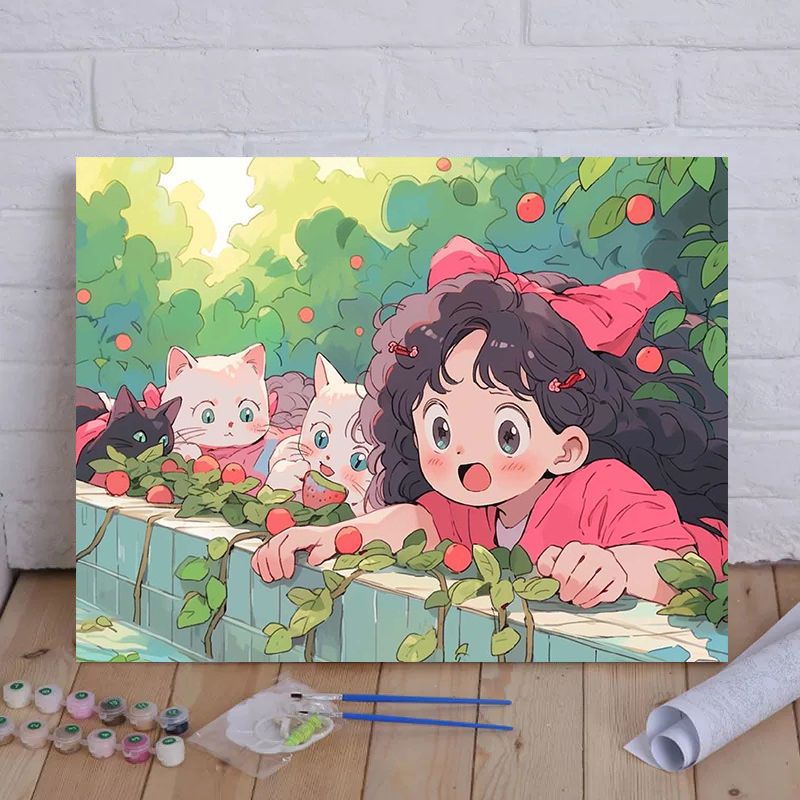 Cartoon Cat und Mädchen Themenleinwand Malset nach Zahlen Karnz