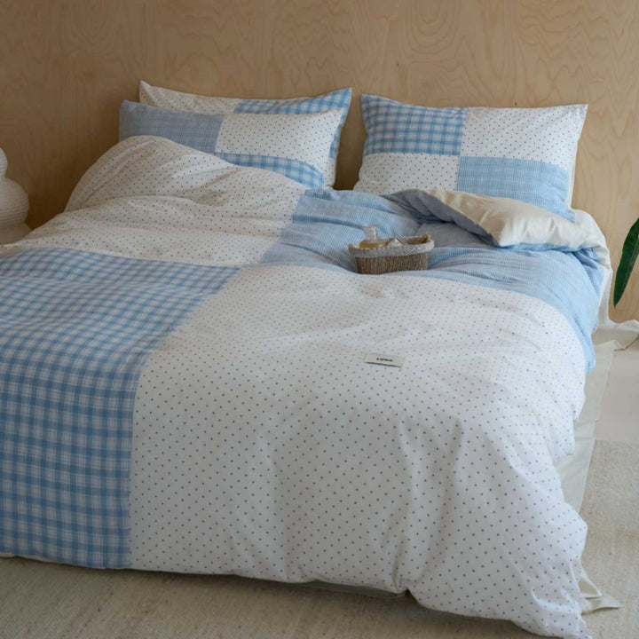 Patchwork Baumwoll-Percale Bettbezug Set mit Gingham und Mikro-Punkt Kopfkissenbezügen