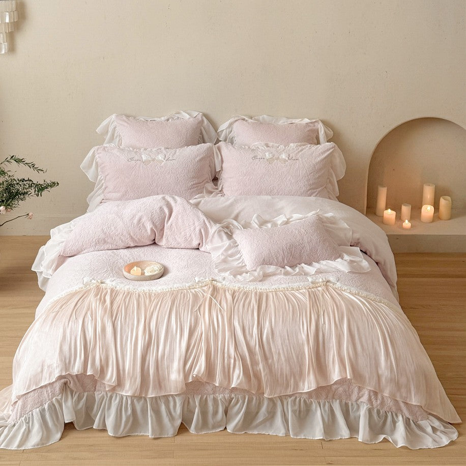 Luxury Ruffled Jacquard Duvet Cover Set with Embroidered Pillow Shams