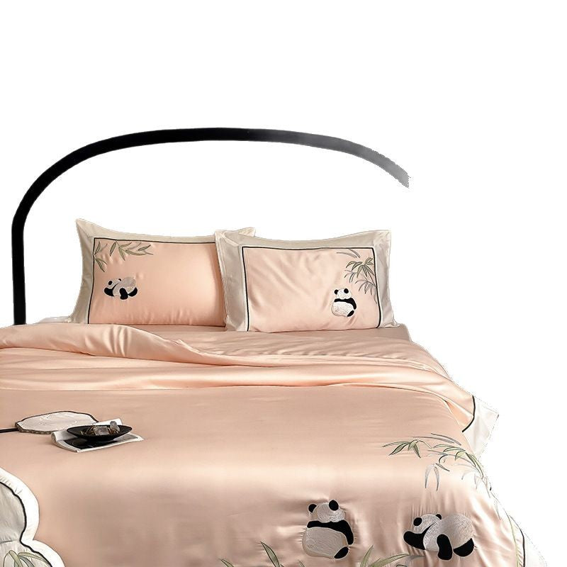 Satin-Feeling Besticktes Panda- & Bambus-Bettbezug-Set mit Kissenbezügen