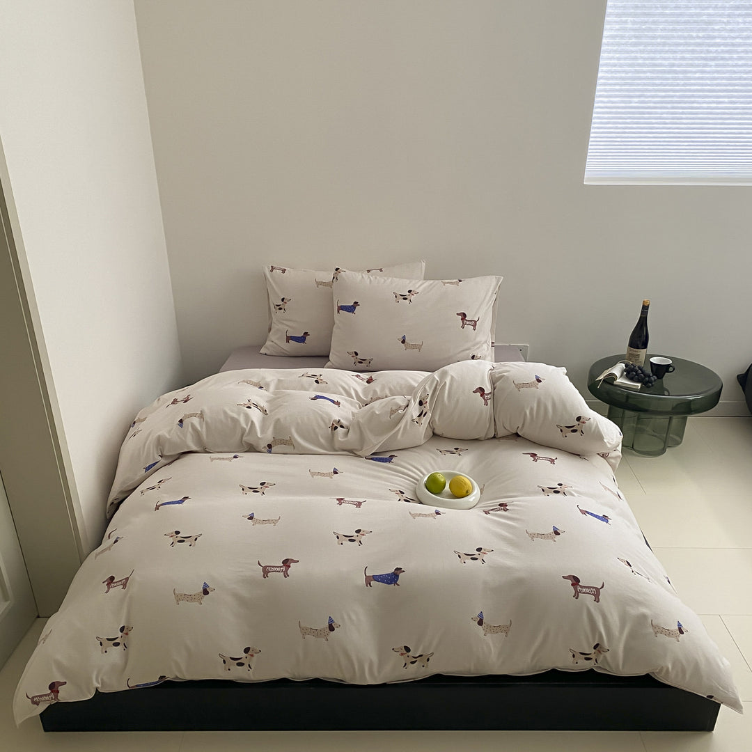 Cartoon Dog Print Baumwoll Bettwäsche Set mit Kissenbezügen