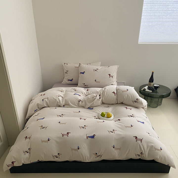 Cartoon Dog Print Baumwoll Bettwäsche Set mit Kissenbezügen