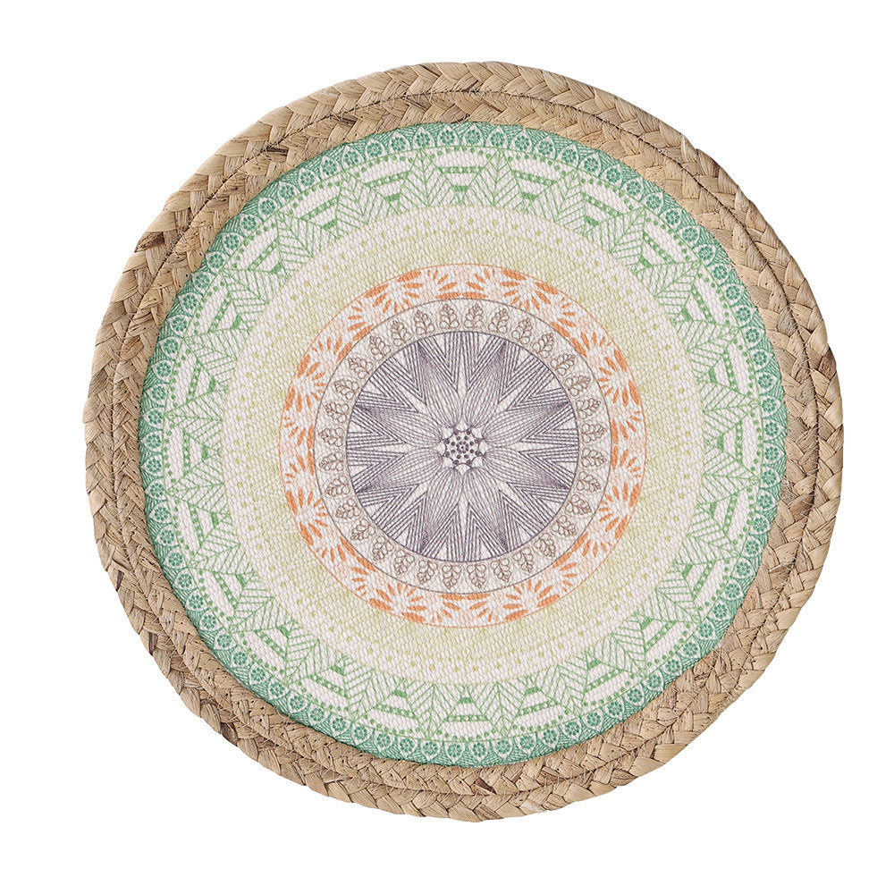 Rundes gewebtes Tischset aus Jute mit Mandala-Baumwollauflage Karnz