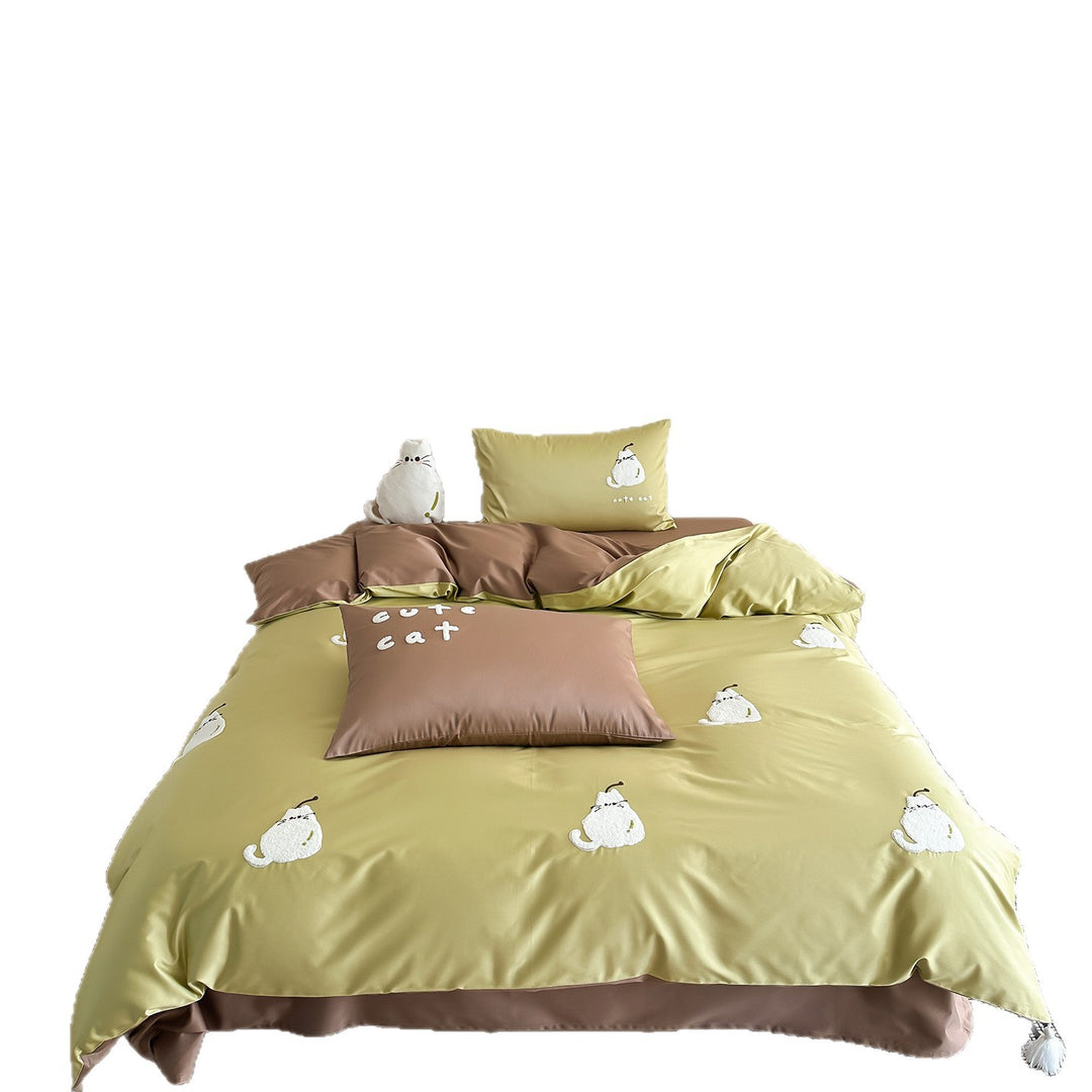 Wendbares Bettwäsche-Set aus Baumwollsatin mit gestickten Katzen-Applikationen und seidenweichem Finish