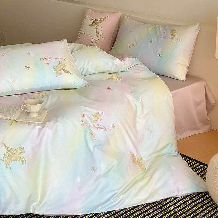 Pastell Einhorn Baumwollsatin Bettwäsche Set mit besticktem Dekokissen