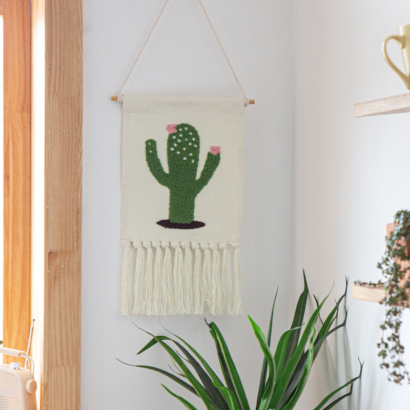 Wandbehang aus gewebtem Baumwollmix mit tufted Kaktusmotiv und Baumwollfransen Karnz